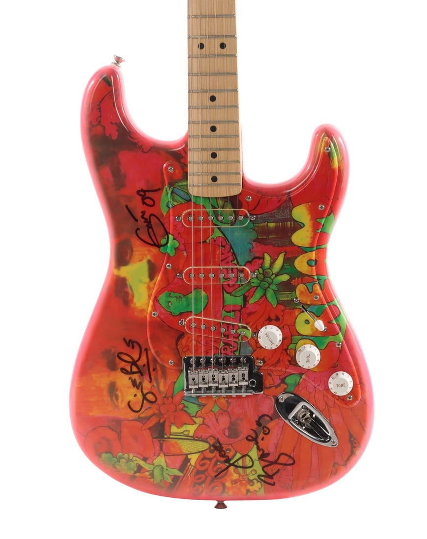 CREAM - Eric Clapton, Ginger Baker, Jack Bruce-Autographed Fender Stratocaster Guitar: CREAM - Eric Clapton, Ginger Baker, Jack Bruce-Autographed Fender Stratocaster Guitar A customised Fender Stratocaster autographed by Eric Clapton, Ginger Baker and Jack Bruce, the founding members of