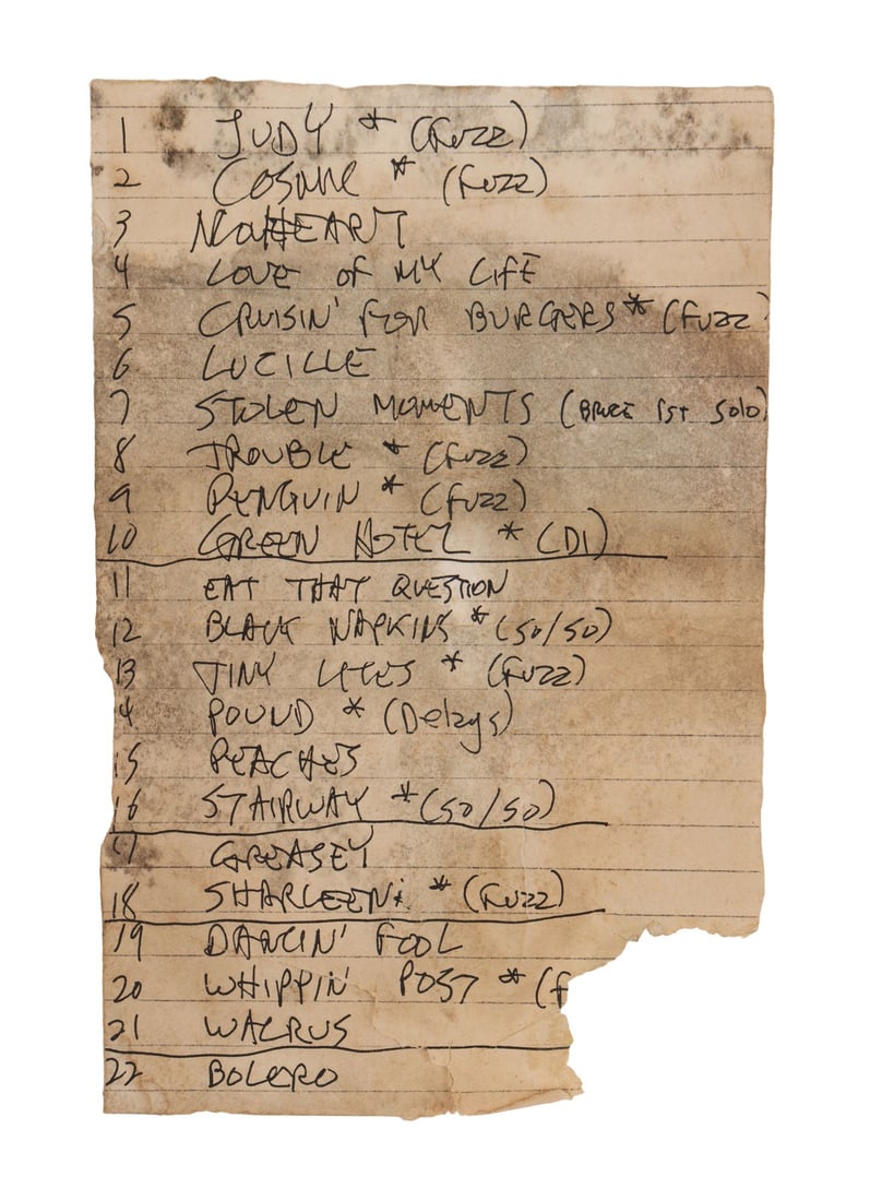 FRANK ZAPPA - Handwritten Setlist from Frank Zappa's Final Tour with Five Tour Tickets, 1988 (1 of 4)