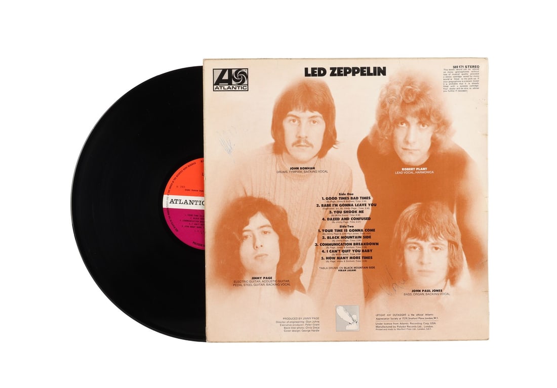 LED ZEPPELIN - John Bonham and John Paul Jones-Autographed Led Zeppelin LP: LED ZEPPELIN - John Bonham and John Paul Jones-Autographed Led Zeppelin LP A vinyl copy of Led Zeppelin's eponymous 1969 debut album, autographed by John Bonham and John Paul Jones. Released in Januar