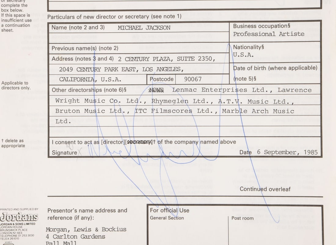 MICHAEL JACKSON - Michael Jackson-Signed Northern Songs Ltd Change of Directors Contract Page, 1985 (1 of 2)