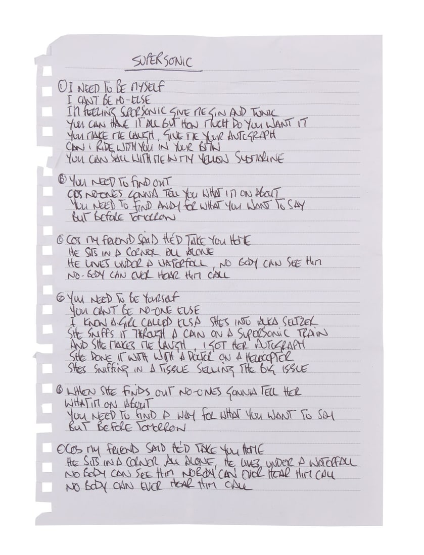 OASIS - Complete Set of Noel Gallagher Handwritten Definitely Maybe Album Song Lyrics, Handwritten (1 of 4)
