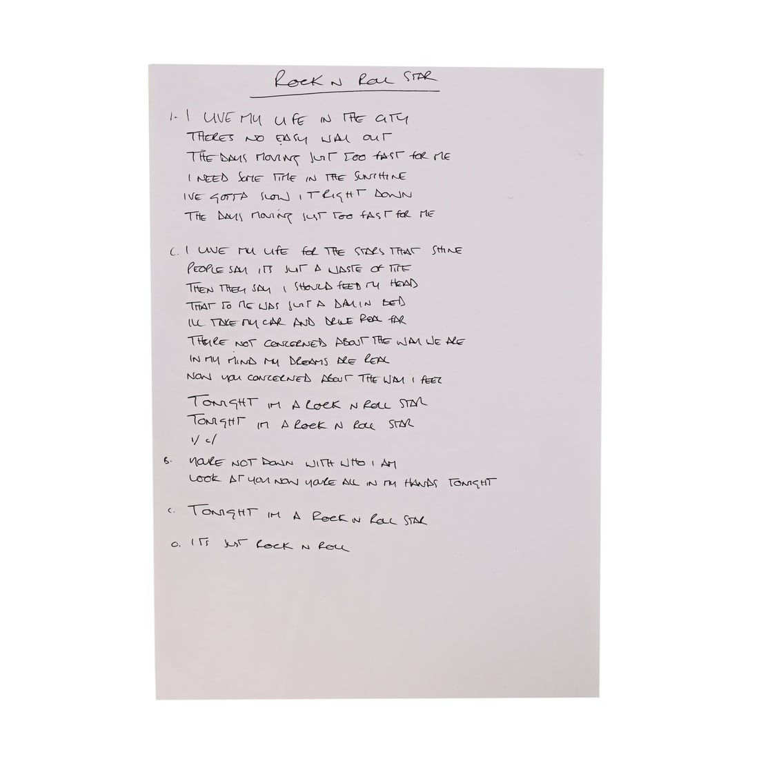 OASIS - Noel Gallagher Handwritten Lyrics and Guitar Chords for "Rock 'n' Roll Star" (1 of 3)