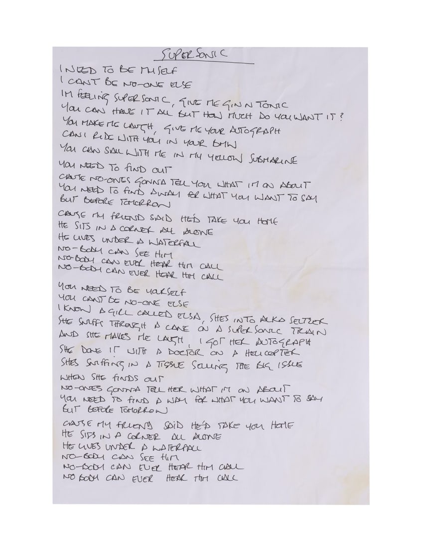 OASIS - Noel Gallagher Handwritten "Supersonic" Lyrics and Chord Chart (1 of 2)