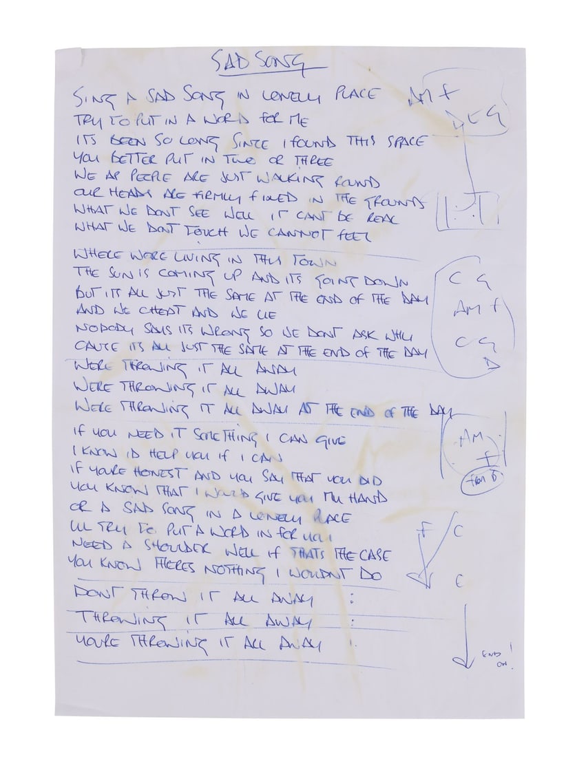 OASIS - Noel Gallagher Handwritten "Take Me Away", "Rockin' Chair", "Whatever" and "Sad Song" Lyrics (1 of 4)