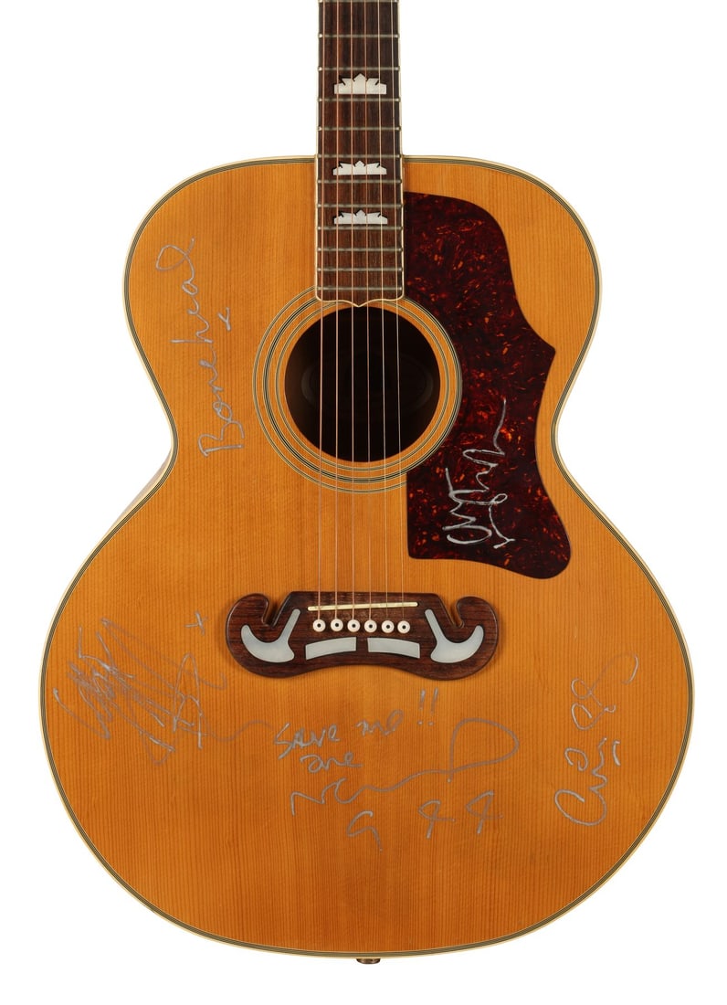 OASIS - Noel Gallagher, Liam Gallagher, Paul "Bonehead" Arthurs, Paul "Guigsy" McGuigan and Alan: OASIS - Noel Gallagher, Liam Gallagher, Paul "Bonehead" Arthurs, Paul "Guigsy" McGuigan and Alan White-Autographed Epiphone EJ200 Acoustic Guitar A natural-finish Epiphone EJ-200 acoustic guitar, auto
