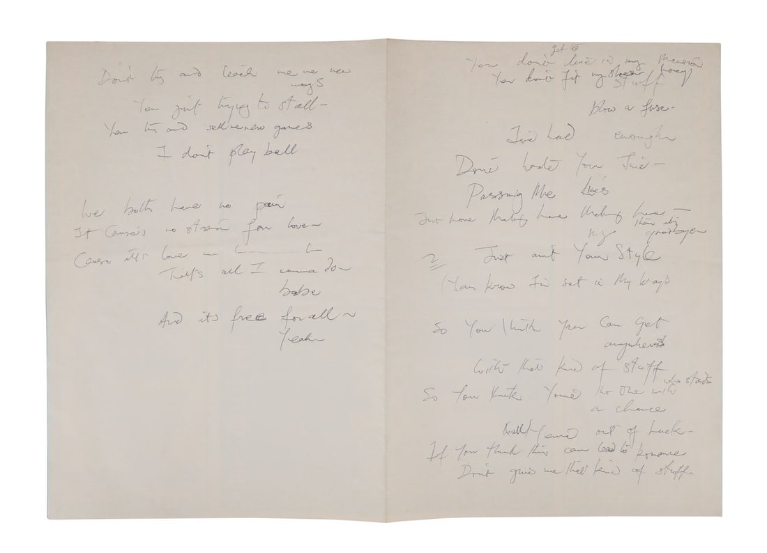 FREDDIE MERCURY - The Reinhold Mack Collection: Freddie Mercury Handwritten ''Don't Try and Teach Me: FREDDIE MERCURY - The Reinhold Mack Collection: Freddie Mercury Handwritten ''Don't Try and Teach Me New Ways'' Unidentified Working Lyrics on Der Musikmarkt Album Chart Poster A set of unidentified w