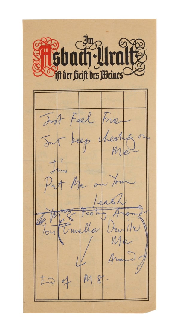 FREDDIE MERCURY - The Reinhold Mack Collection: Freddie Mercury Handwritten ''Foolin' Around'': FREDDIE MERCURY - The Reinhold Mack Collection: Freddie Mercury Handwritten ''Foolin' Around'' Working Lyrics on Asbach Uralt Branded Paper A piece of Asbach Uralt branded paper featuring working lyri