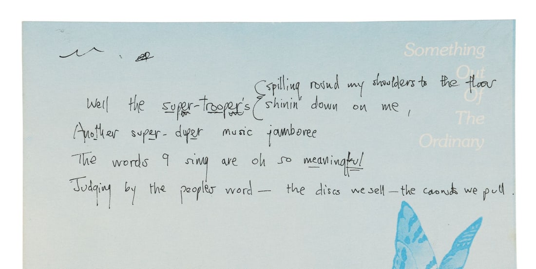 QUEEN - Roger Taylor Handwritten Lyrics for Unreleased Song Written During Sheer Heart Attack Album (1 of 4)