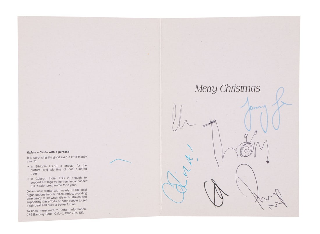 RADIOHEAD - Thom Yorke, Jonny Greenwood, Ed O'Brien, Colin Greenwood And Philip Selway-Autographed: RADIOHEAD - Thom Yorke, Jonny Greenwood, Ed O'Brien, Colin Greenwood And Philip Selway-Autographed Christmas Card An Oxfam Christmas card autographed by all five members of Radiohead, circa 1990s. For