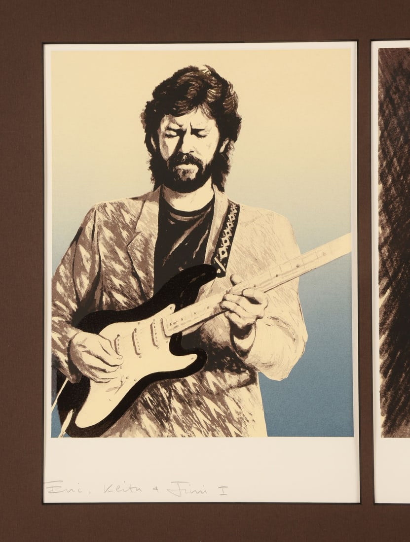 RONNIE WOOD - Framed Lithograph of Keith Richards, Jimi Hendrix and Eric Clapton Autographed by (1 of 4)