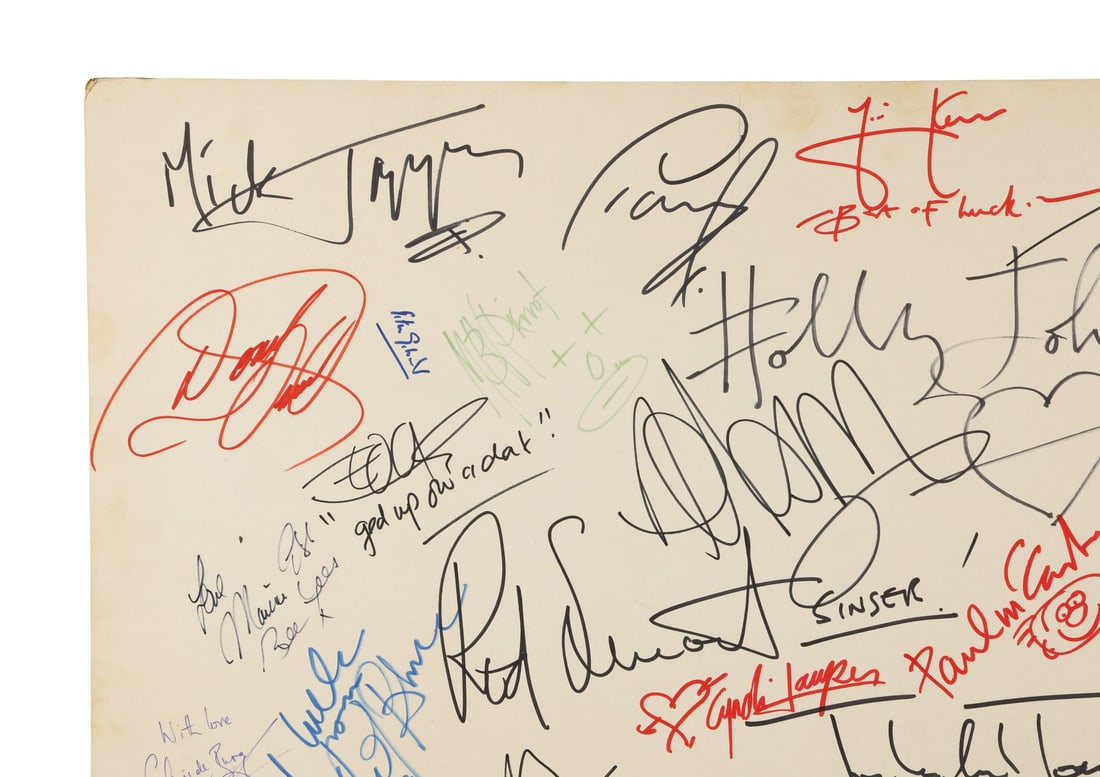 BBC RADIO 1 - Paul McCartney, Mick Jagger, U2, Sting and Others-Autographed BBC Radio 1 Board: BBC RADIO 1 - Paul McCartney, Mick Jagger, U2, Sting and Others-Autographed BBC Radio 1 Board A display board bearing more than 25 autographs, including Paul McCartney, Mick Jagger, Sting, and all fou