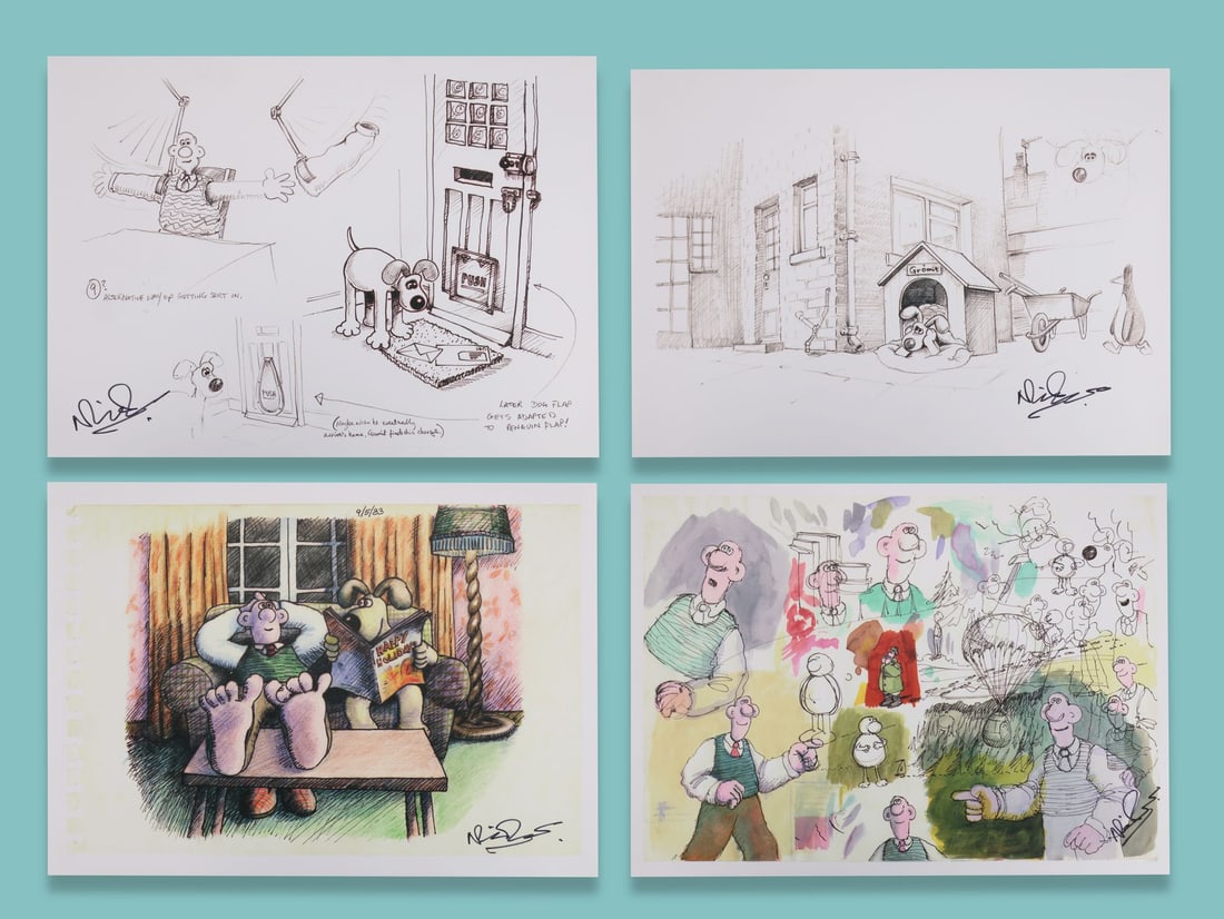 WALLACE & GROMIT - Four Production Prints of Early Wallace and Gromit Concept and Character: WALLACE & GROMIT - Four Production Prints of Early Wallace and Gromit Concept and Character Development Art Signed by Nick Park Four production prints of early Wallace and Gromit concept and character