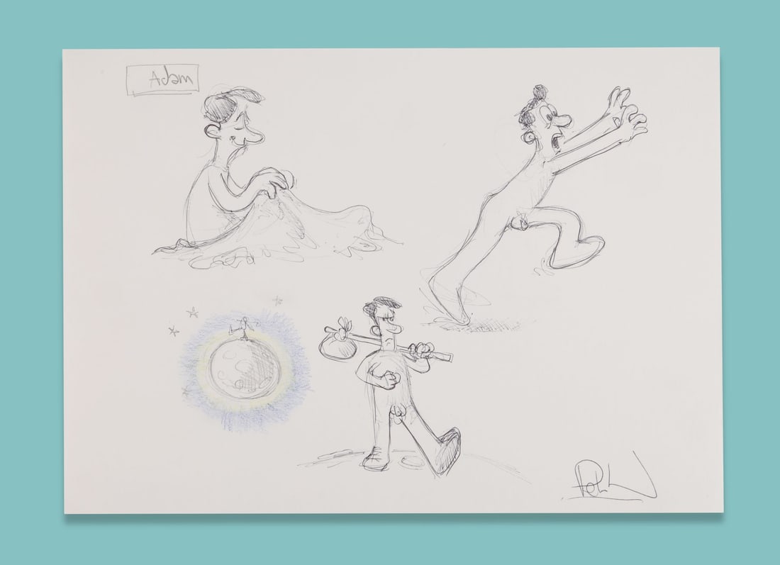 ADAM (1992) - Hand-Drawn Artwork by Sir Peter Lord: ADAM (1992) - Hand-Drawn Artwork by Sir Peter Lord Hand-drawn artwork by Sir Peter Lord from the production of his film, Adam. The artwork is hand-drawn in pencil and black ink, with Sir Peter Lord si