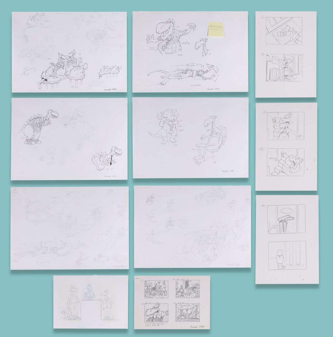 AARDMAN ANIMATIONS - Hand-Drawn Mita Copiers 1993 "Dinosaur Office" Commercial Concept Artwork and: AARDMAN ANIMATIONS - Hand-Drawn Mita Copiers 1993 "Dinosaur Office" Commercial Concept Artwork and Storyboards by Michael Salter Hand-drawn concept artwork and storyboards by Michael Salter from the p