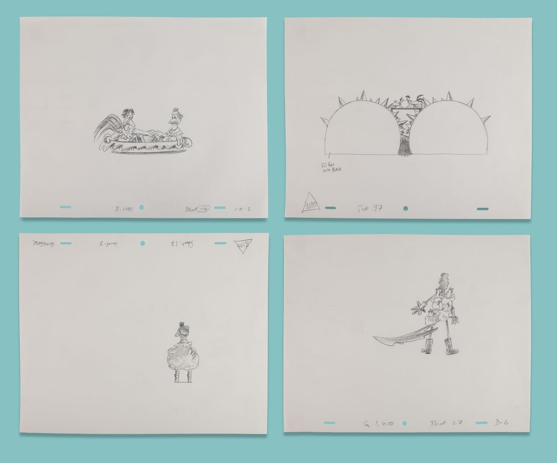 CHICKEN RUN (2000) - Four Hand-Drawn Layout Artworks of Rocky and Ginger in Pie, the Pie Machine, (1 of 4)