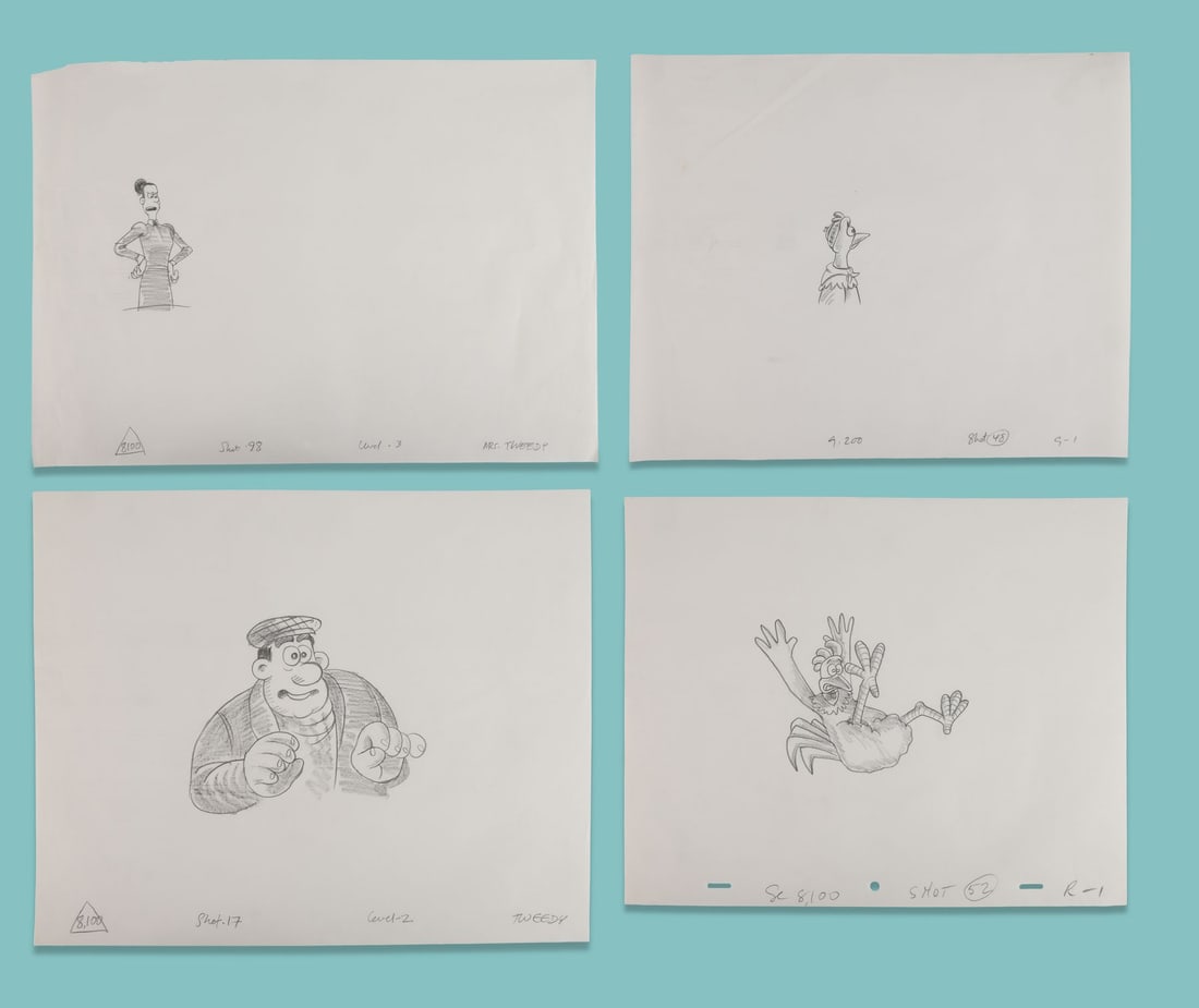 CHICKEN RUN (2000) - Four Hand-Drawn Layout Artworks of Ginger, Rocky, Mr Tweedy and Mrs Tweedy (1 of 4)