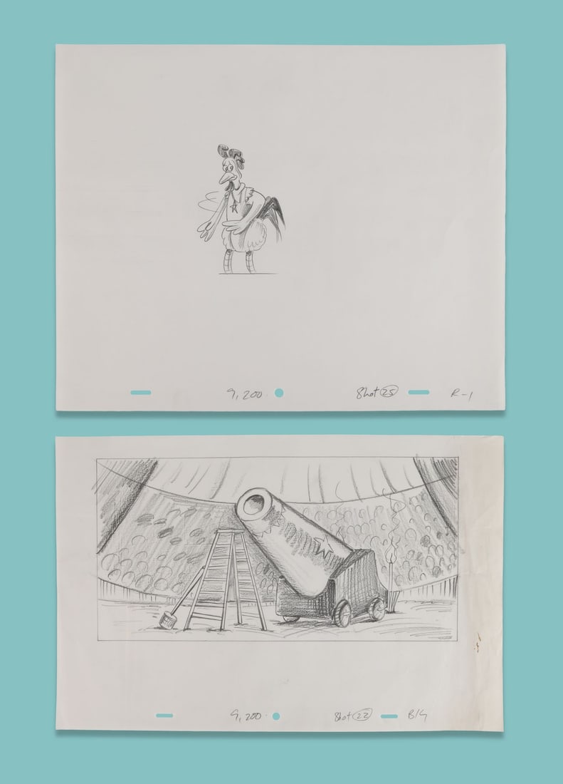 CHICKEN RUN (2000) - Pair of Hand-Drawn Layout Artworks of Rocky and the Circus (1 of 3)