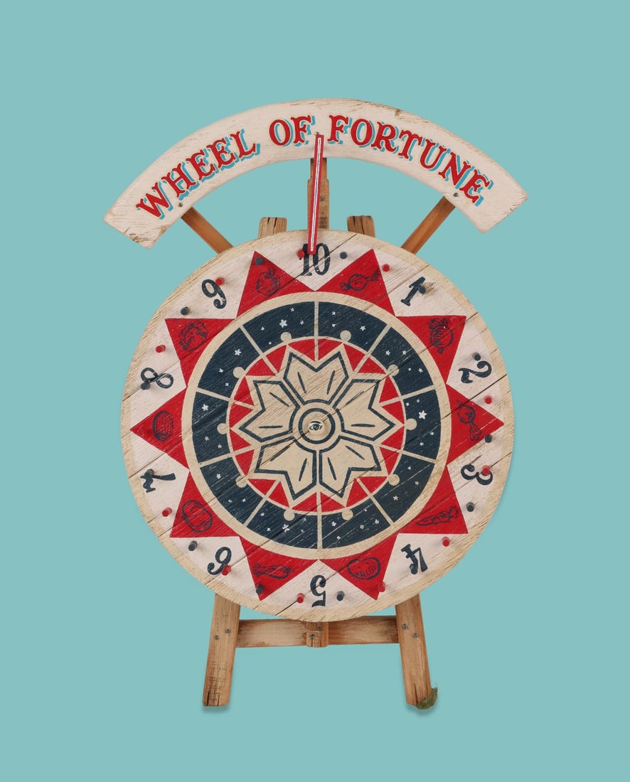 WALLACE & GROMIT: THE CURSE OF THE WERE-RABBIT (2005) - Punch & Judy Stand, Bunting Reel, Wheel of: WALLACE & GROMIT: THE CURSE OF THE WERE-RABBIT (2005) - Punch & Judy Stand, Bunting Reel, Wheel of Fortune, Fairground Signs and Selection of Fairground Stall Props A collection of fairground amusemen