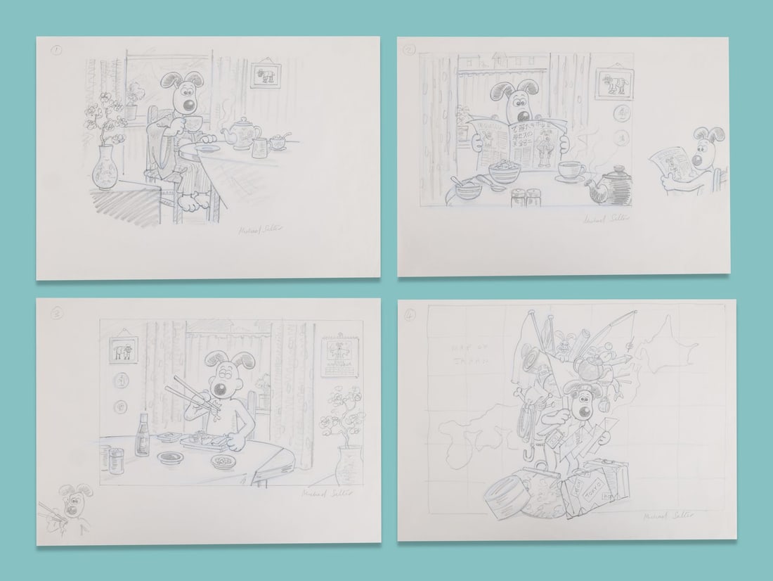 WALLACE & GROMIT COMIC STRIP (2005-2007) - Set of Four Hand-Drawn Gromit in Japan Concept Artworks (1 of 4)