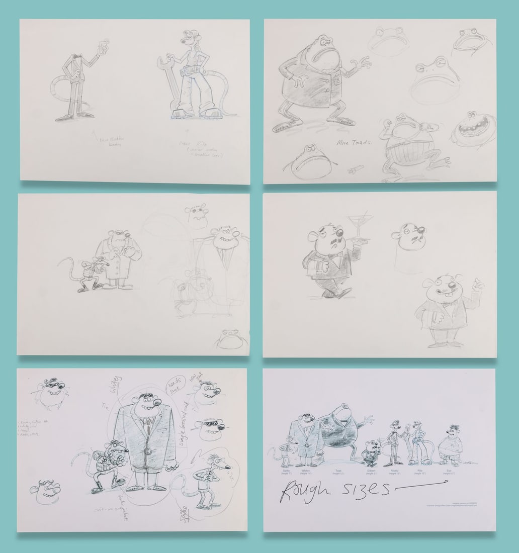 FLUSHED AWAY (2006) - Collection of Five Pages of Hand-Drawn Character Concept Artwork by Michael: FLUSHED AWAY (2006) - Collection of Five Pages of Hand-Drawn Character Concept Artwork by Michael Salter and One Production Print Five pages of hand-drawn character concept artwork by Michael Salter a