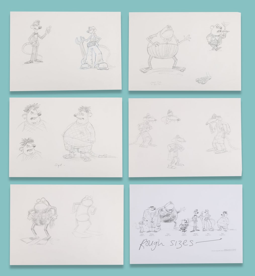 FLUSHED AWAY (2006) - Collection of Five Pages of Hand-Drawn Character Concept Artwork by Michael: FLUSHED AWAY (2006) - Collection of Five Pages of Hand-Drawn Character Concept Artwork by Michael Salter Five pages of hand-drawn character concept artwork by Michael Salter from David Bowers and Sam 