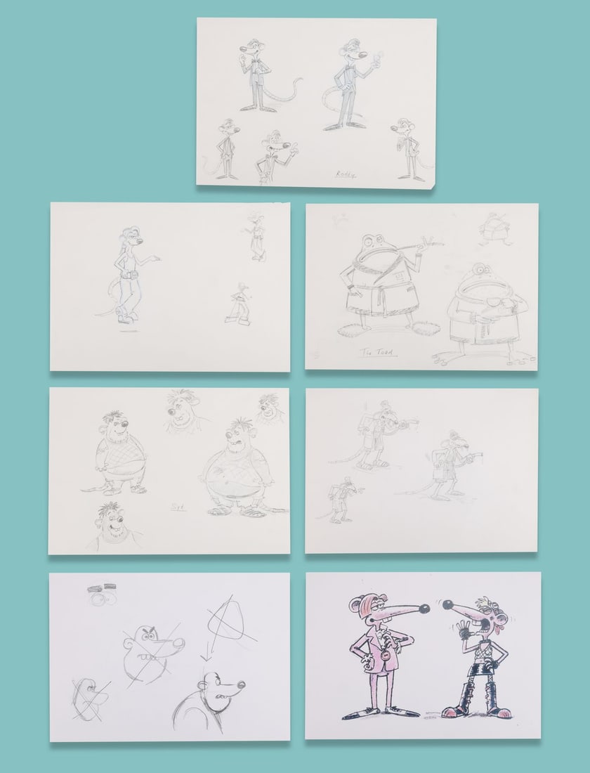 FLUSHED AWAY (2006) - Collection of Six Pages of Hand-Drawn Character Concept Artwork (1 of 4)