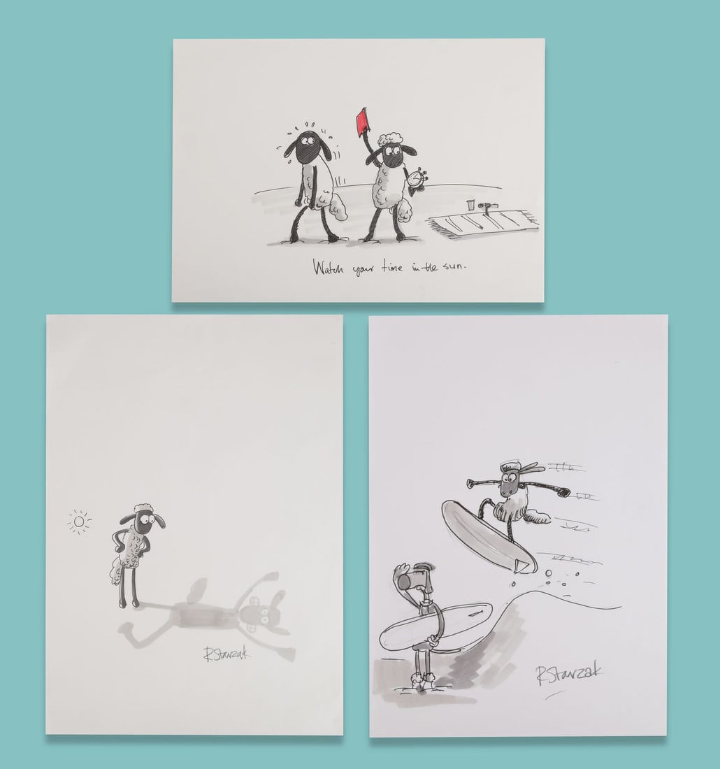 SHAUN THE SHEEP (TV SERIES, 2007-2025) - Three Pages of Concept Artwork Hand-Drawn and Hand-Painted: SHAUN THE SHEEP (TV SERIES, 2007-2025) - Three Pages of Concept Artwork Hand-Drawn and Hand-Painted by Richard Starzak Three pages of Shaun character development artwork from the production of the Sha