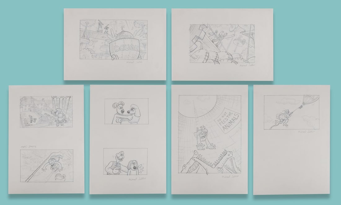 WALLACE & GROMIT: A MATTER OF LOAF AND DEATH (2008) - Collection of Six Hand-Drawn "BBC Pitch": WALLACE & GROMIT: A MATTER OF LOAF AND DEATH (2008) - Collection of Six Hand-Drawn "BBC Pitch" Artworks by Michael Salter Hand-drawn artwork by Michael Salter created for Aardman's pitch to the BBC fo