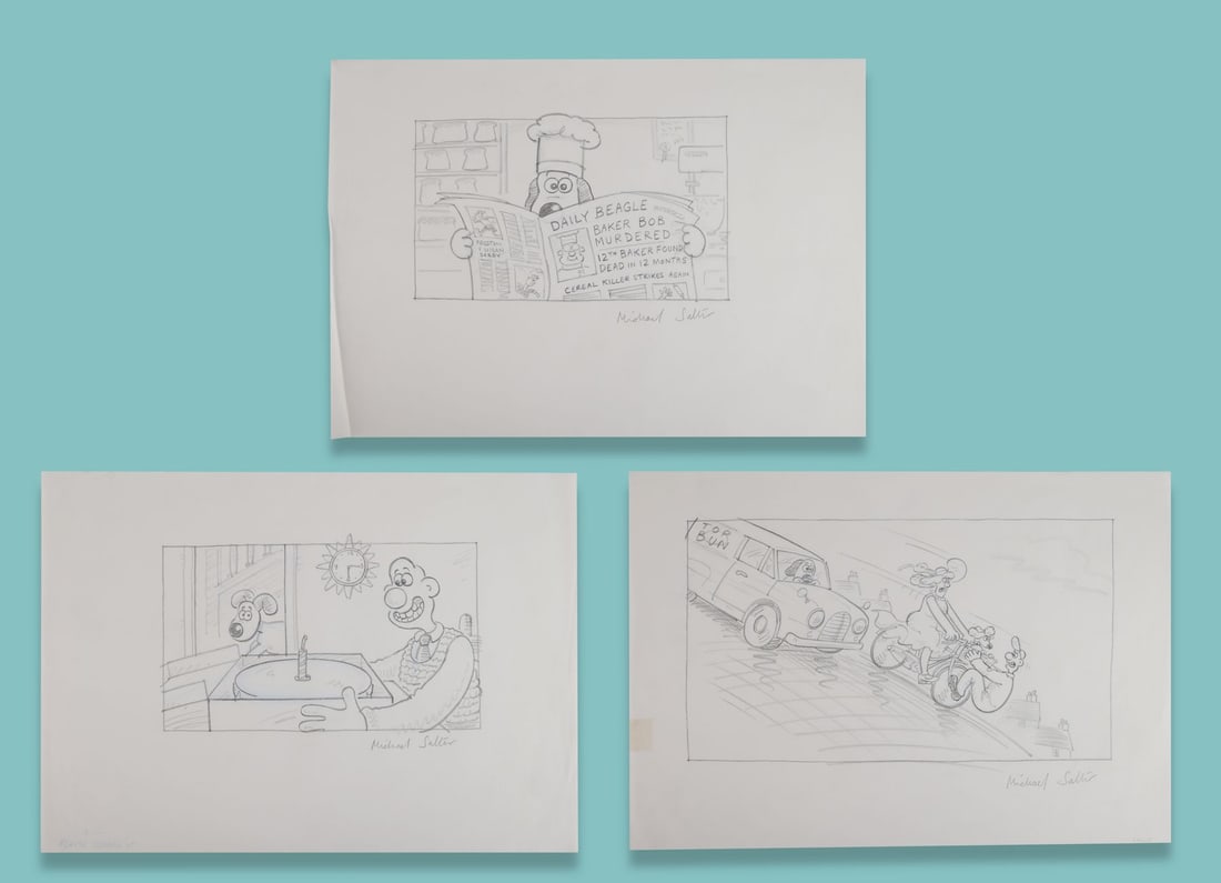 WALLACE & GROMIT: A MATTER OF LOAF AND DEATH (2008) - Three Pages of Hand-Drawn "BBC Pitch" Artworks (1 of 4)
