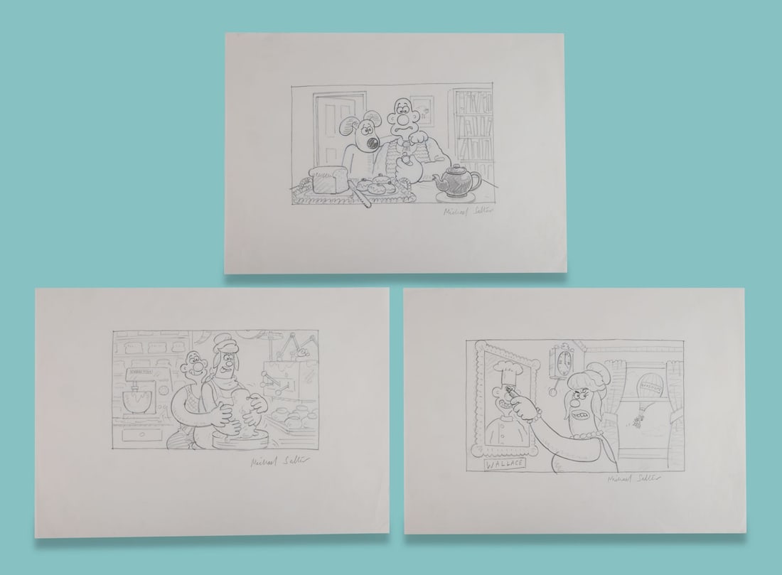 WALLACE & GROMIT: A MATTER OF LOAF AND DEATH (2008) - Three Pages of Hand-Drawn "BBC Pitch" Artworks (1 of 4)