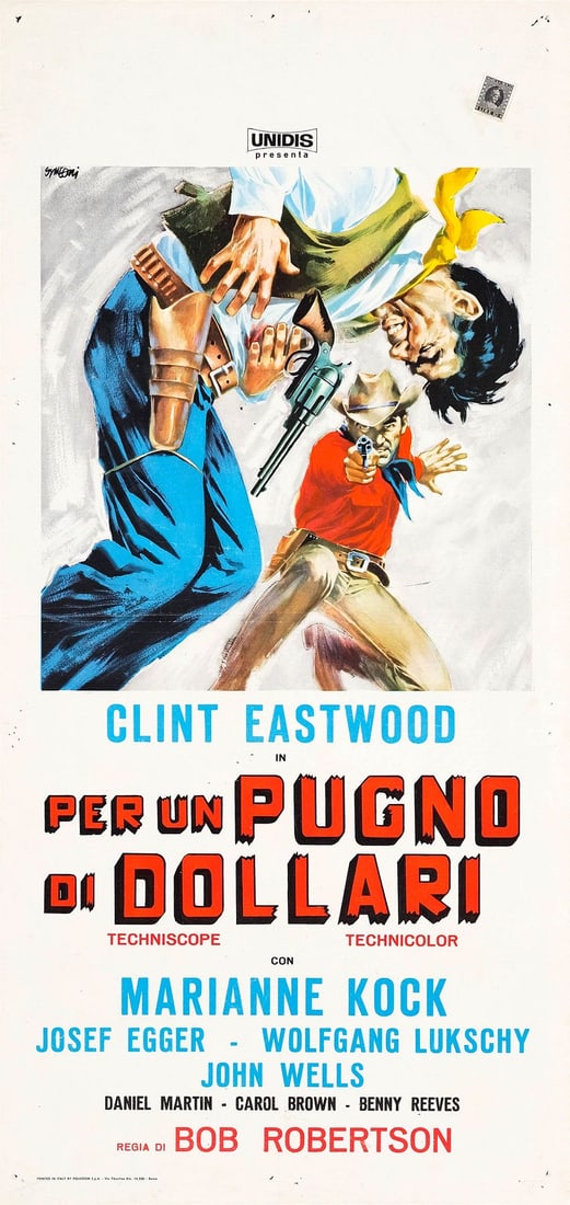 A FISTFUL OF DOLLARS - Italian Locandina (13" x 27.5"); The Nicola Bais Collection;: A FISTFUL OF DOLLARS Italian Locandina (13" x 27.5"); Country-of-Origin ; The Nicola Bais Collection Very Fine- Folded; Artwork by Sandro Simeoni Unidis, 1964 Featurin