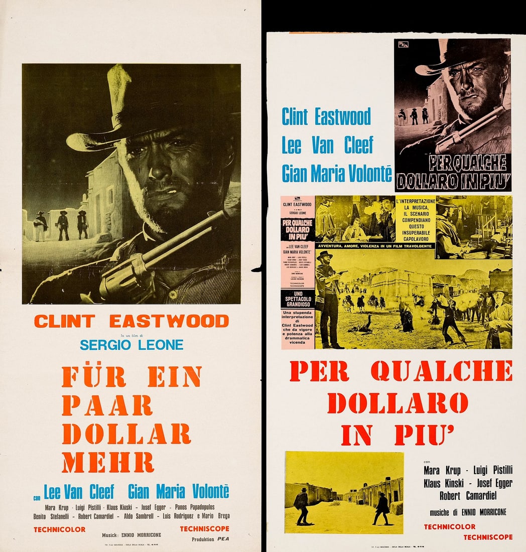 FOR A FEW DOLLARS MORE - Italian Locandinas (2) (13" x 26", 13" x 27.5"); The Nicola Bais Collection: FOR A FEW DOLLARS MORE Italian Locandinas (2) (13" x 26", 13" x 27.5"); Country-of-Origin, German Export Style (1) ; The Nicola Bais Collection Fine+ Folded; Artwork by Franco Fiorenzi PEA, 1965