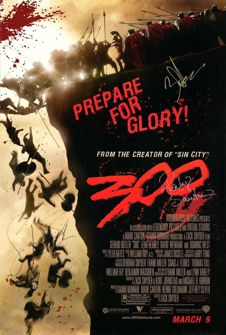 300 - One Sheet (27" x 40") Signed by Gerard Butler, Rodrigo Santoro and Zack Snyder (Director) (JSA: 300 One Sheet (27" x 40") Signed by Gerard Butler, Rodrigo Santoro and Zack Snyder (Director) (JSA COA); Very Fine+ Rolled Warner Bros., 2006 This one sheet features