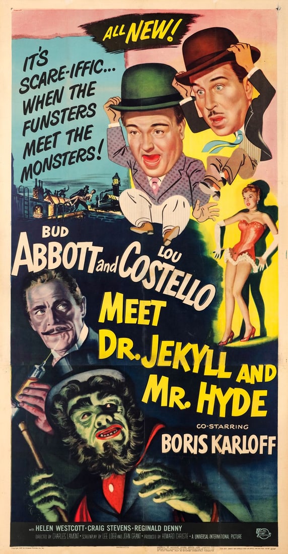 ABBOTT AND COSTELLO MEET DR. JEKYLL AND MR. HYDE - Three Sheet (41" x 79"); Very Fine+ on Linen: ABBOTT AND COSTELLO MEET DR. JEKYLL AND MR. HYDE Three Sheet (41" x 79") ; Very Fine+ on Linen Universal-International, 1953 Depicting superb imagery of Universal's c