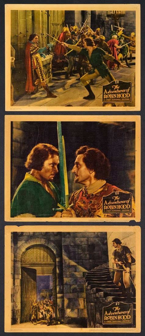 THE ADVENTURES OF ROBIN HOOD - Lobby Cards (3) (11" x 14"); Linen Finish; Fine+: THE ADVENTURES OF ROBIN HOOD Lobby Cards (3) (11" x 14"); Linen Finish ; Fine+ Warner Bros., 1938 This choice group of 3 lobby cards from Warner Bros.' classic 1938 v