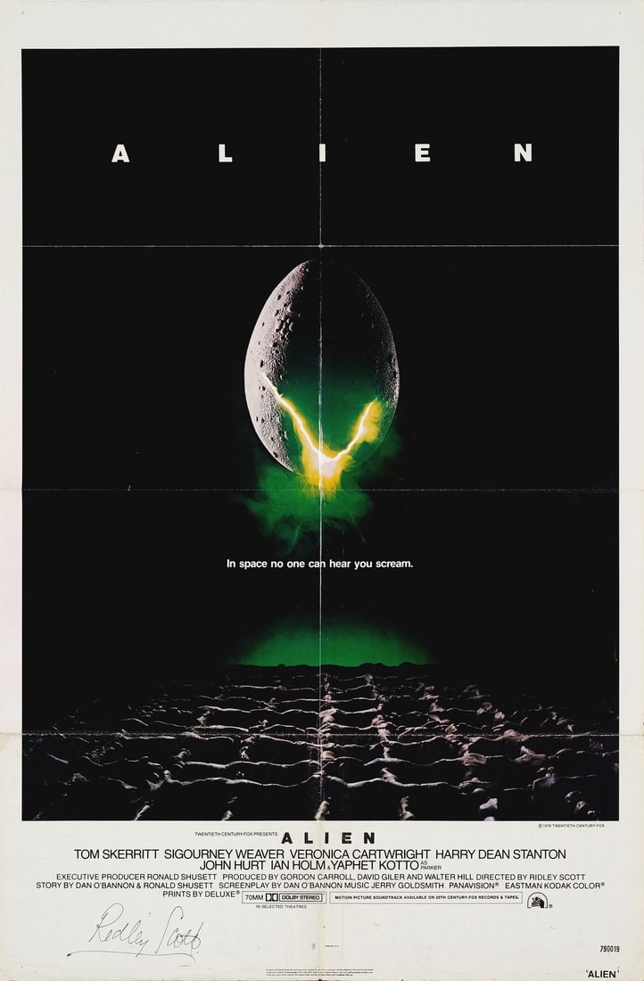 ALIEN - One Sheet (27" x 41") Signed by Ridley Scott (JSA COA); Very Fine Folded: ALIEN One Sheet (27" x 41") Signed by Ridley Scott (JSA COA); Very Fine Folded 20th Century Fox, 1979 Folded as issued, this one sheet displays general fold wear, lig