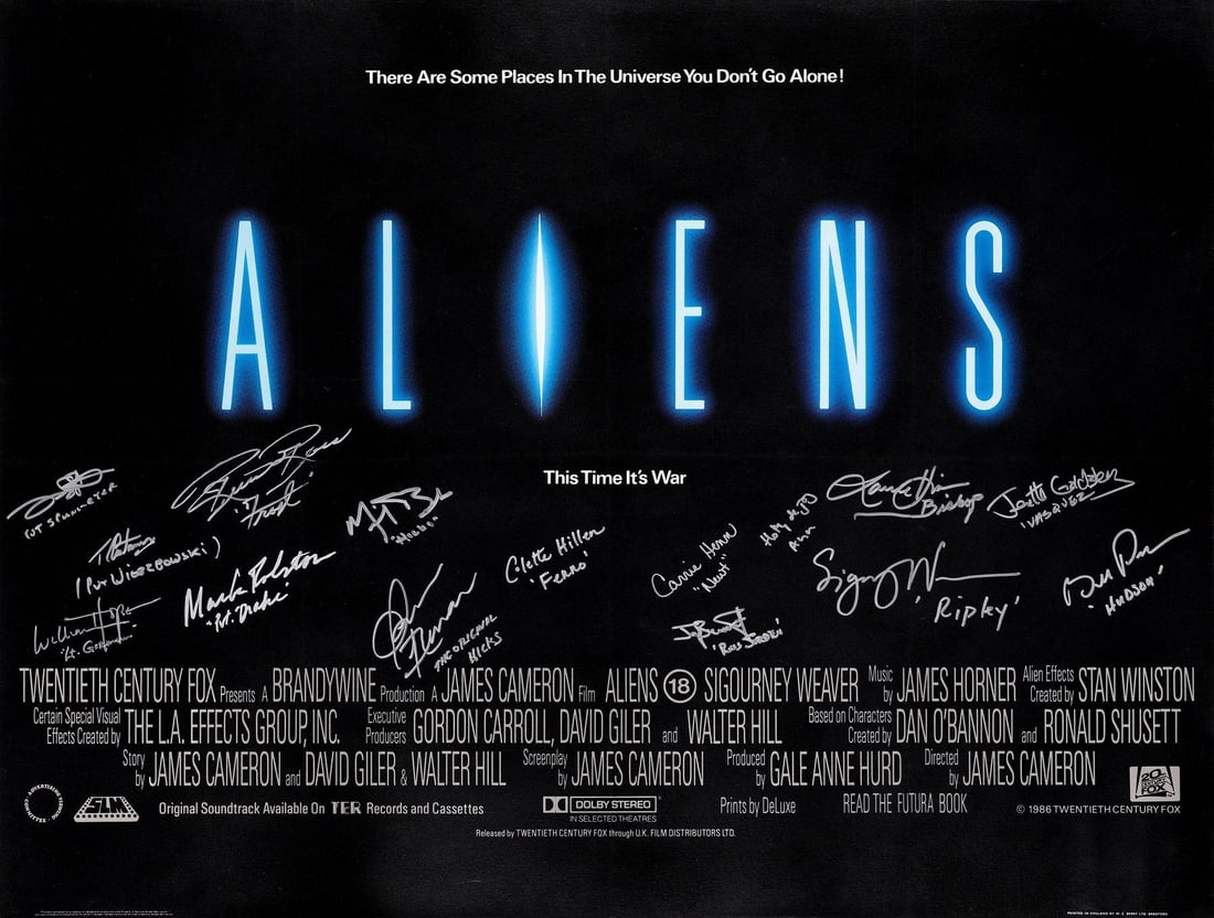 ALIENS - Full-Bleed British Quad (40" x 30") Signed by Sigourney Weaver, Carrie Henn, Bill Paxton, (1 of 1)