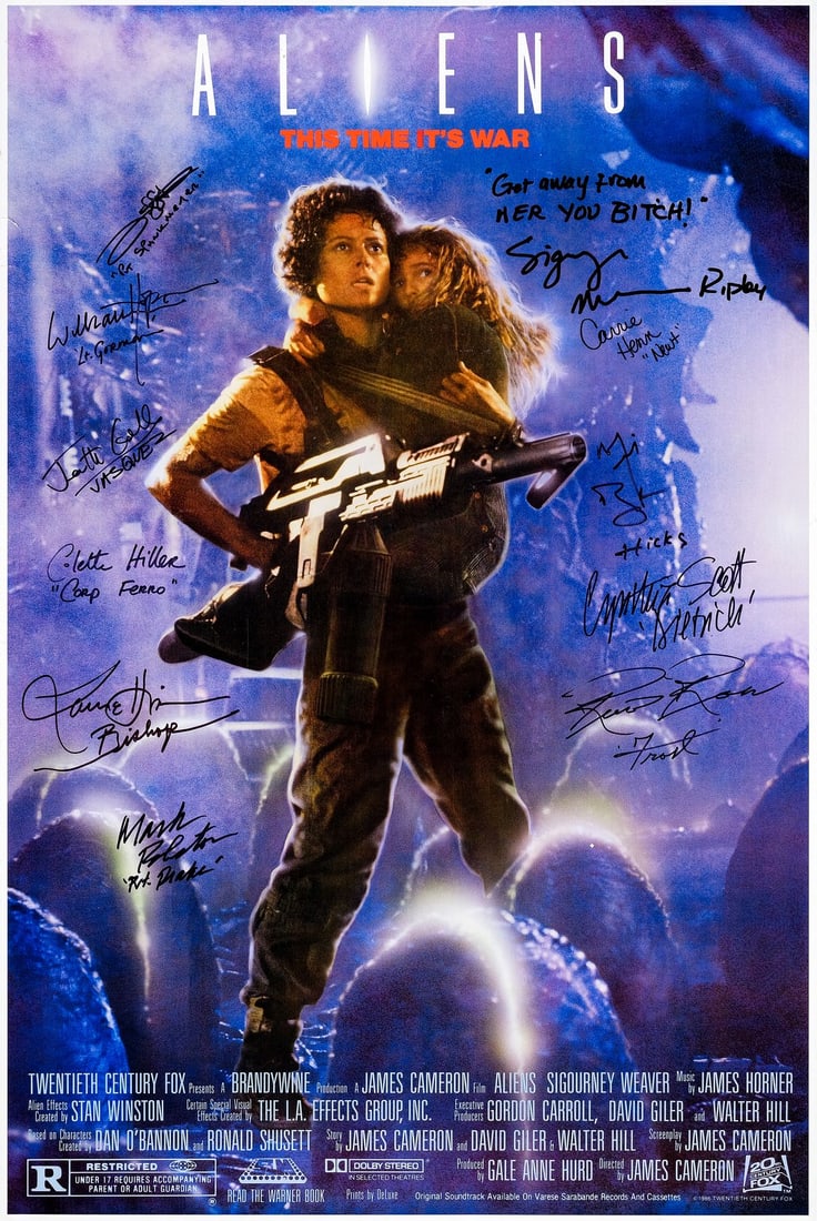 ALIENS - Reprint Poster (24" x 36") Signed by Sigourney Weaver, Carrie Henn, Michael Biehn, Cynthia: ALIENS Reprint Poster (24" x 36"); International Style Signed by Sigourney Weaver, Carrie Henn, Michael Biehn, Cynthia Dale Scott, Ricco Ross, Daniel Kash, William Hope, Jenette Goldstein, Colette Hil