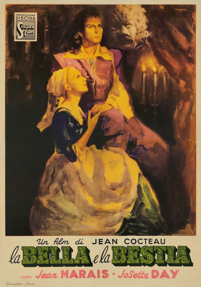 BEAUTY AND THE BEAST - Italian Foglio (27.5" x 39"); Very Fine on Linen: BEAUTY AND THE BEAST Italian Foglio (27.5" x 39") ; Very Fine on Linen; Artwork by Marino Scalera Film, 1946 This beautiful and rare Italian poster for the Cocteau ma