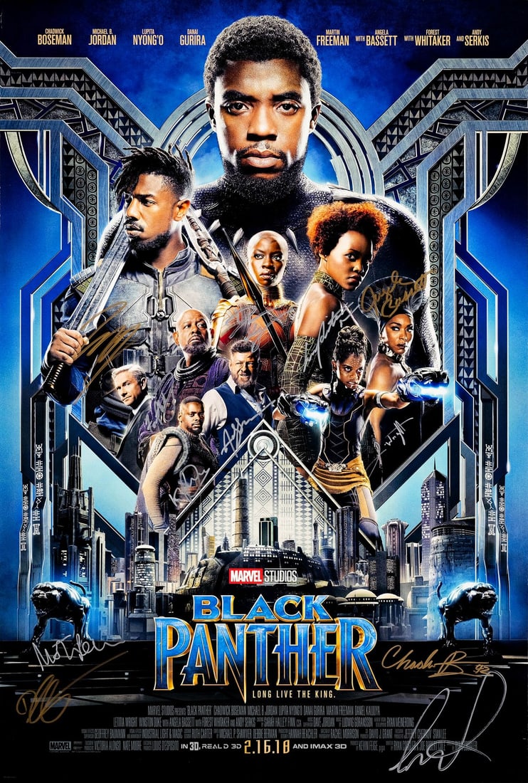 BLACK PANTHER - One Sheet (27" x 40") Signed by Chadwick Boseman, Michael B. Jordan, Angela Bassett,: BLACK PANTHER One Sheet (27" x 40"); Double-Sided Advance Signed by Chadwick Boseman, Michael B. Jordan, Angela Bassett, Lupita Nyong'o, Ryan Coogler (Director) and 7 Others (JSA COA); Very Fine+ R