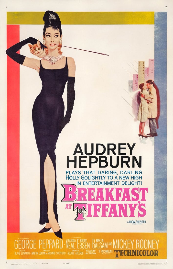 BREAKFAST AT TIFFANY'S - One Sheet (27" x 41"); Fine+ on Linen: BREAKFAST AT TIFFANY'S One Sheet (27" x 41") ; Fine+ on Linen; Artwork by Robert McGinnis Paramount, 1961 This movie poster, one of the most popular from the 1960s, h