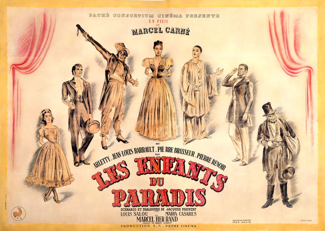 CHILDREN OF PARADISE - French Double Grande (94" x 63"); Country-of-Origin; Fine+ on Linen: CHILDREN OF PARADISE French Double Grande (94" x 63"); Country-of-Origin ; Fine+ on Linen; Artwork by Jacques Fourastie Pathe, 1945 This poster showcases the film's m