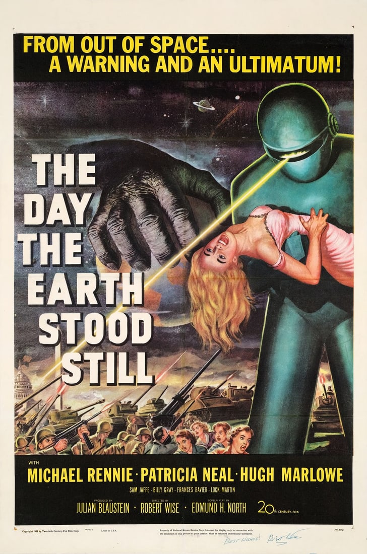 THE DAY THE EARTH STOOD STILL - One Sheet (27" x 41") Signed by Robert Wise (JSA COA); Very Fine+ on: THE DAY THE EARTH STOOD STILL One Sheet (27" x 41") Signed by Robert Wise (JSA COA); Very Fine+ on Linen 20th Century Fox, 1951 Arguably boasting one of the finest sc