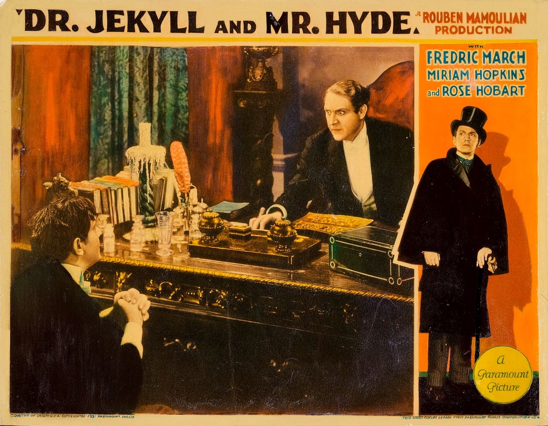 DR. JEKYLL AND MR. HYDE - Lobby Card (11" x 14"); Fine on Paper: DR. JEKYLL AND MR. HYDE Lobby Card (11" x 14") ; Fine on Paper Paramount, 1931 Dr. Henry Jekyll (Fredric March) makes his final plea for help from his friend, Dr. Lan