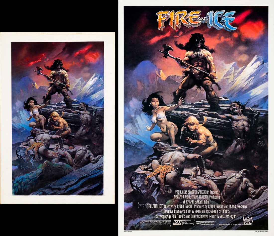 FIRE AND ICE - Mockup Retouched Color Artwork and One Sheet (20" x 23.5", 27" x 41"); Very Fine+: FIRE AND ICE Mockup Retouched Color Artwork and One Sheet (20" x 23.5", 27" x 41") ; Very Fine+; Artwork by Frank Frazetta 20th Century Fox, 1983 Rendered on a piece