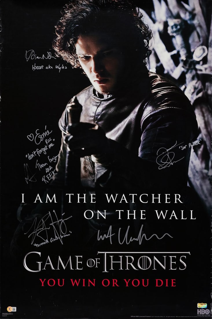 GAME OF THRONES - Promotional Poster (24" x 36") Signed by Kit Harington, Alfie Allen, Esme Bianco,: GAME OF THRONES Promotional Poster (24" x 36") Signed by Kit Harington, Alfie Allen, Esme Bianco, Kristian Nairn, Daniel Portman and Kristofer Hivju (Beckett COA); Very Fine- Rolled HBO, 2011</