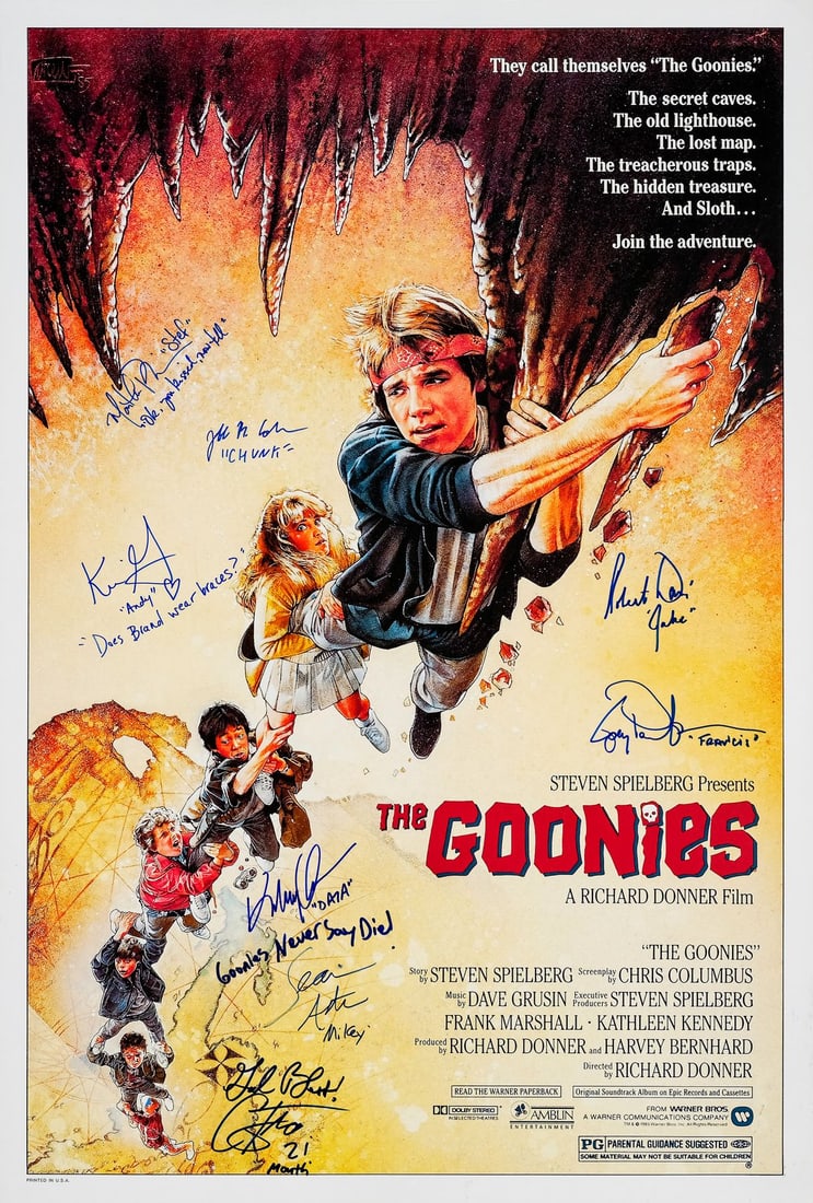 THE GOONIES - Reprint One Sheet (27" x 40.75") Signed by Martha Plimpton, Jeff Cohen, Kerri Green,: THE GOONIES Reprint One Sheet (27" x 40.75") Signed by Martha Plimpton, Jeff Cohen, Kerri Green, Ke Huy Quan, Sean Astin, Corey Feldman, Joe Pantoliano, Robert Davi (Grad Authenticated); Very Fine+
