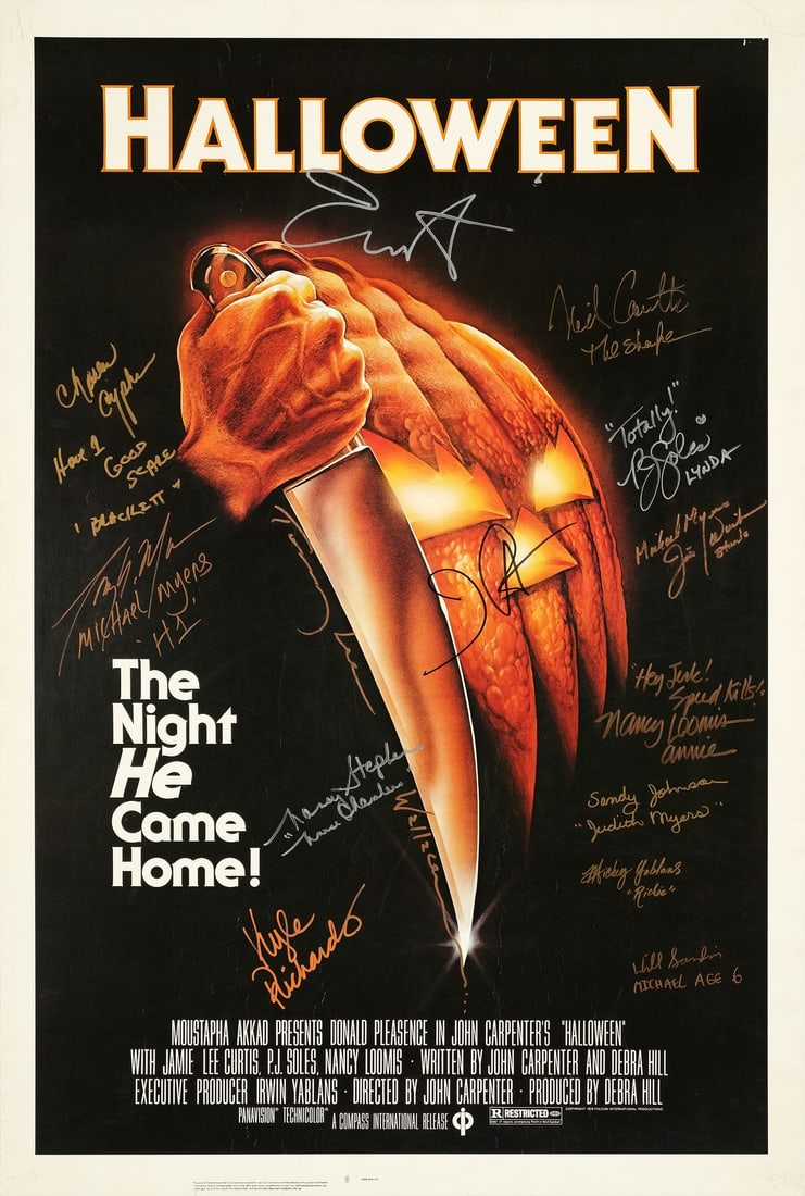 HALLOWEEN - One Sheet (27" x 40") Signed by Jamie Lee Curtis, John Carpenter, Will Sandin, Tommy Lee: HALLOWEEN One Sheet (27" x 40"); Black Ratings Box Style Signed by Jamie Lee Curtis, John Carpenter, Will Sandin, Tommy Lee Wallace, PJ Soles, Kyle Richards, Nick Castle, Nancy Loomis, Mickey Yablans,