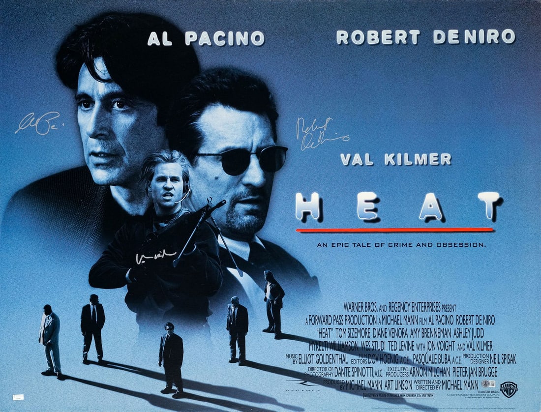 HEAT - Full-Bleed British Quad (40" x 30.5") Signed by Al Pacino, Robert DeNiro and Val Kilmer: HEAT Full-Bleed British Quad (40" x 30.5") Signed by Al Pacino, Robert DeNiro and Val Kilmer (Beckett COA); Very Fine+ on Linen Warner Bros., 1995 This full-bleed Bri