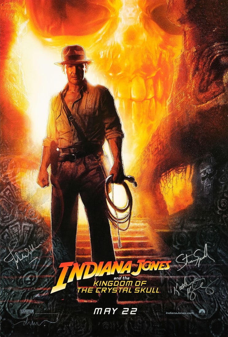 INDIANA JONES AND THE KINGDOM OF THE CRYSTAL SKULL - Full-Bleed One Sheet (27" x 40") Signed by: INDIANA JONES AND THE KINGDOM OF THE CRYSTAL SKULL Full-Bleed One Sheet (27" x 40"); Advance Signed by Steven Spielberg, Kathleen Kennedy and John Williams (Grad Authenticated); Very Fine+ Rolled;